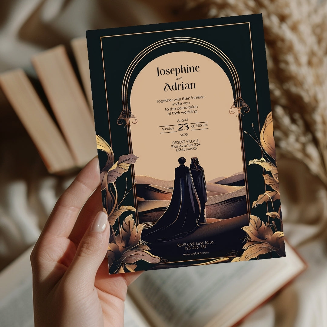 Dark Desert Emperor Couple Floral Arch Wedding Invitation