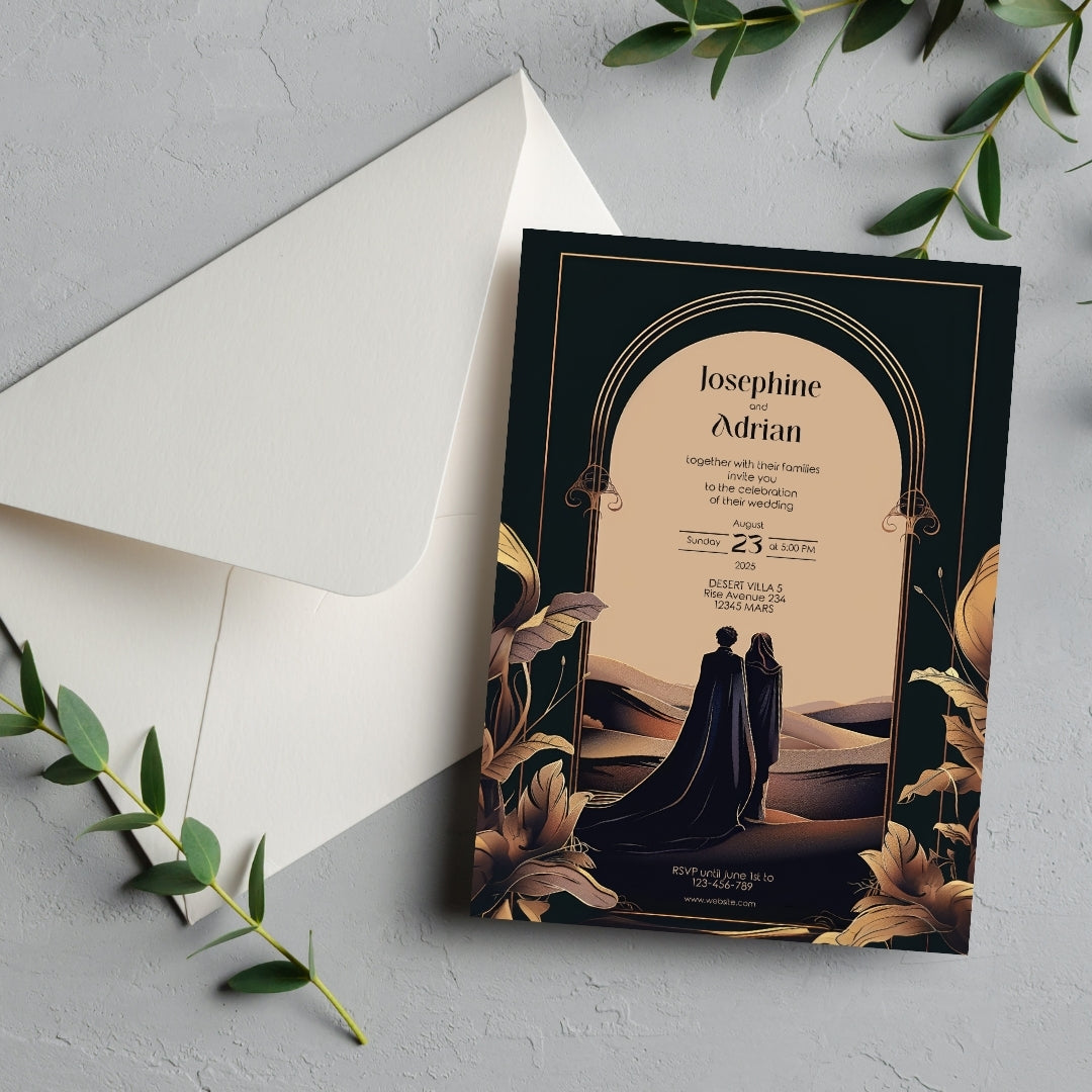 Dark Desert Emperor Couple Floral Arch Wedding Invitation