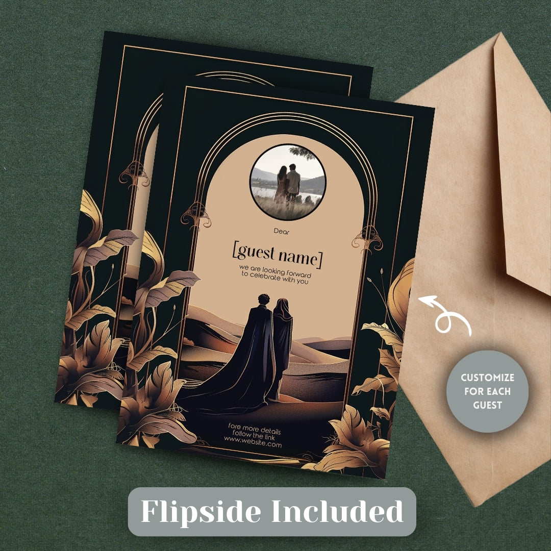 Dark Desert Emperor Couple Floral Arch Wedding Invitation