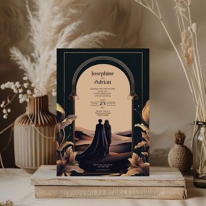 Dark Desert Emperor Couple Floral Arch Wedding Invitation