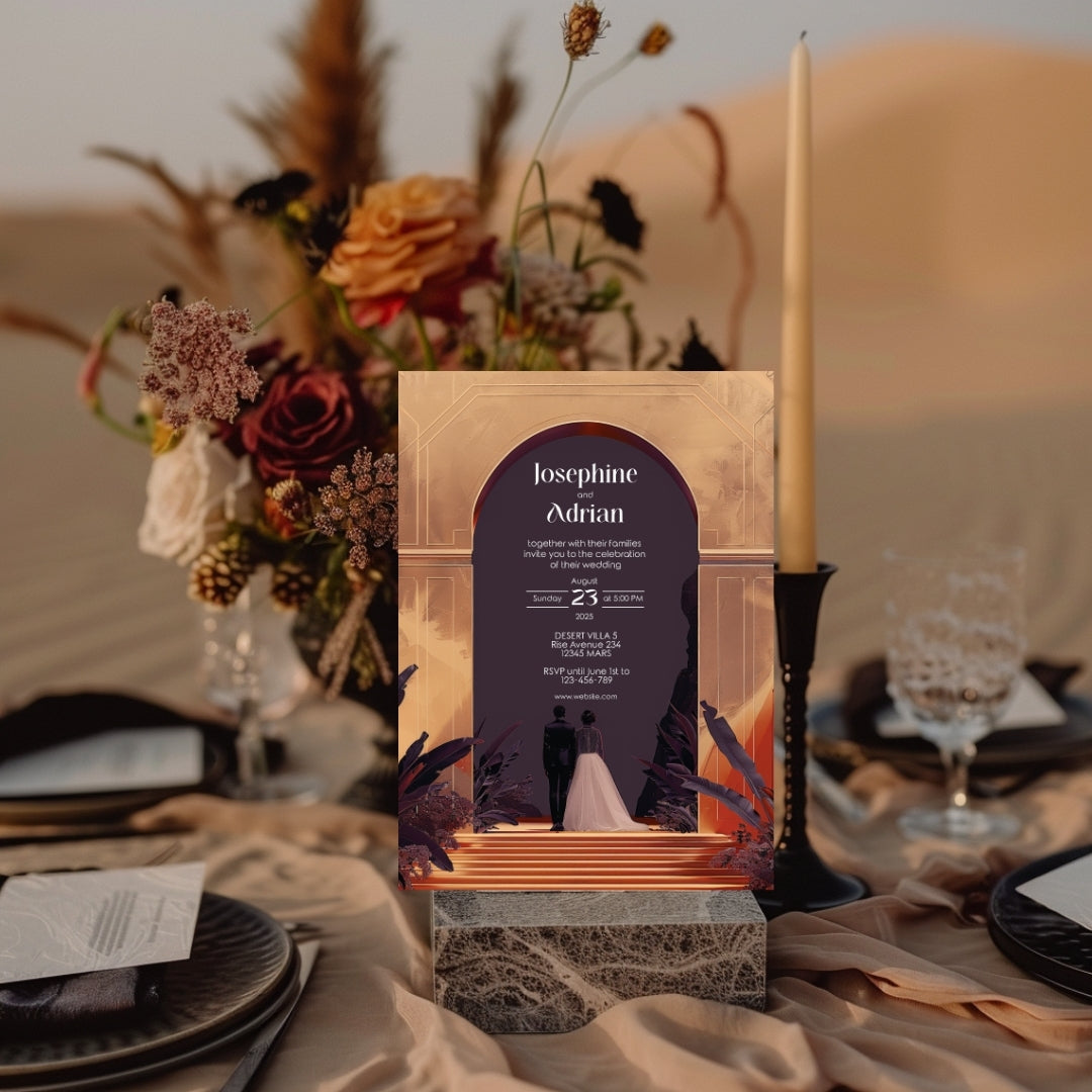 Red Dune Desert Couple Gold Arch Wedding Invitation