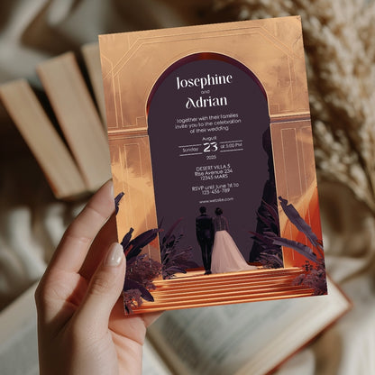 Red Dune Desert Couple Gold Arch Wedding Invitation