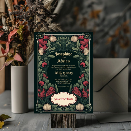 Enchanted Green Garden Red Floral Wedding Invitation