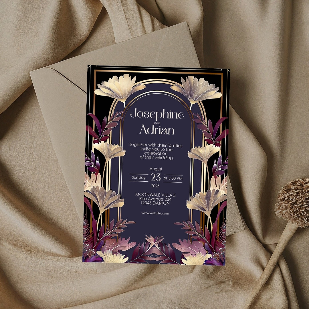 Gold and Purple Floral Art Deco Wedding Invitation