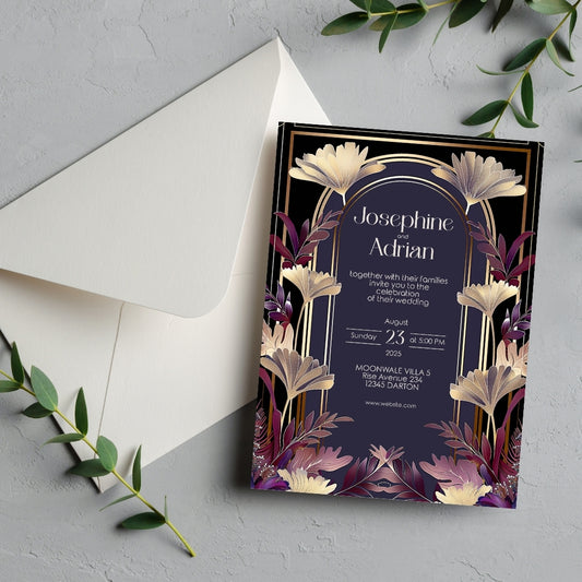 Gold and Purple Floral Art Deco Wedding Invitation