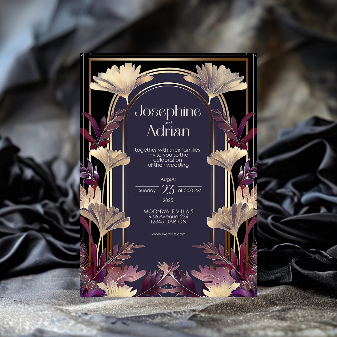 Gold and Purple Floral Art Deco Wedding Invitation