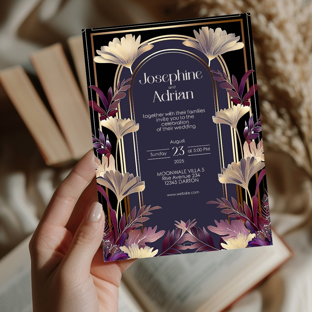 Gold and Purple Floral Art Deco Wedding Invitation