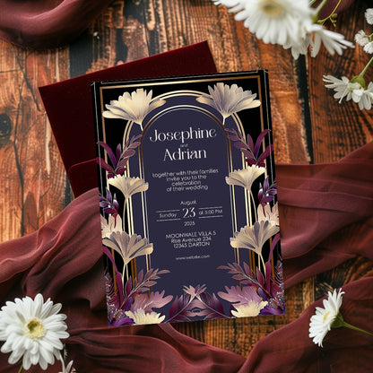 Gold and Purple Floral Art Deco Wedding Invitation