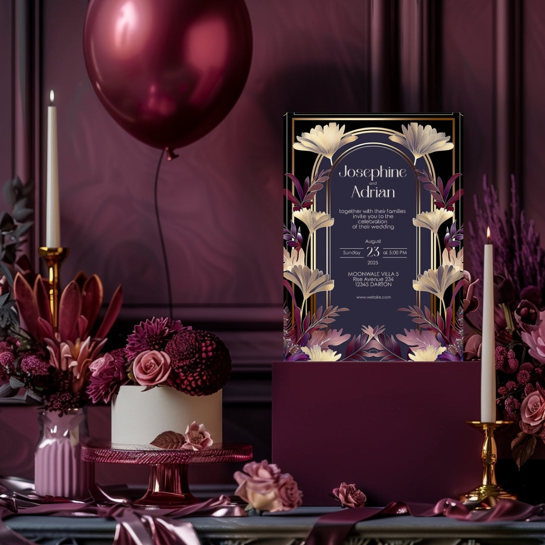 Gold and Purple Floral Art Deco Wedding Invitation