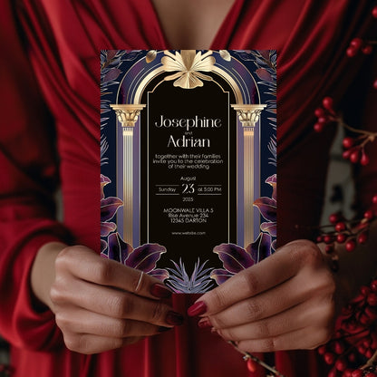 Dark Purple Gold Art Deco Wedding Invitation