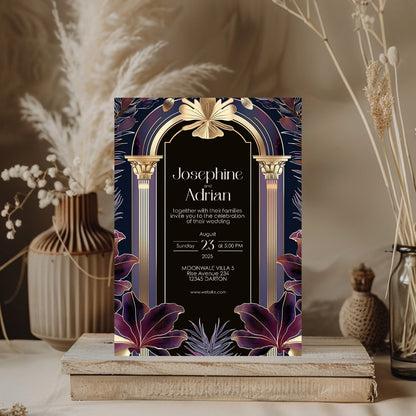 Dark Purple Gold Art Deco Wedding Invitation