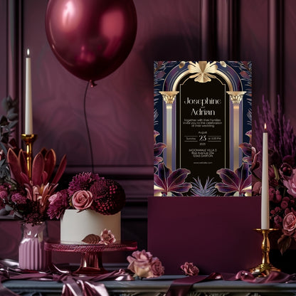 Dark Purple Gold Art Deco Wedding Invitation