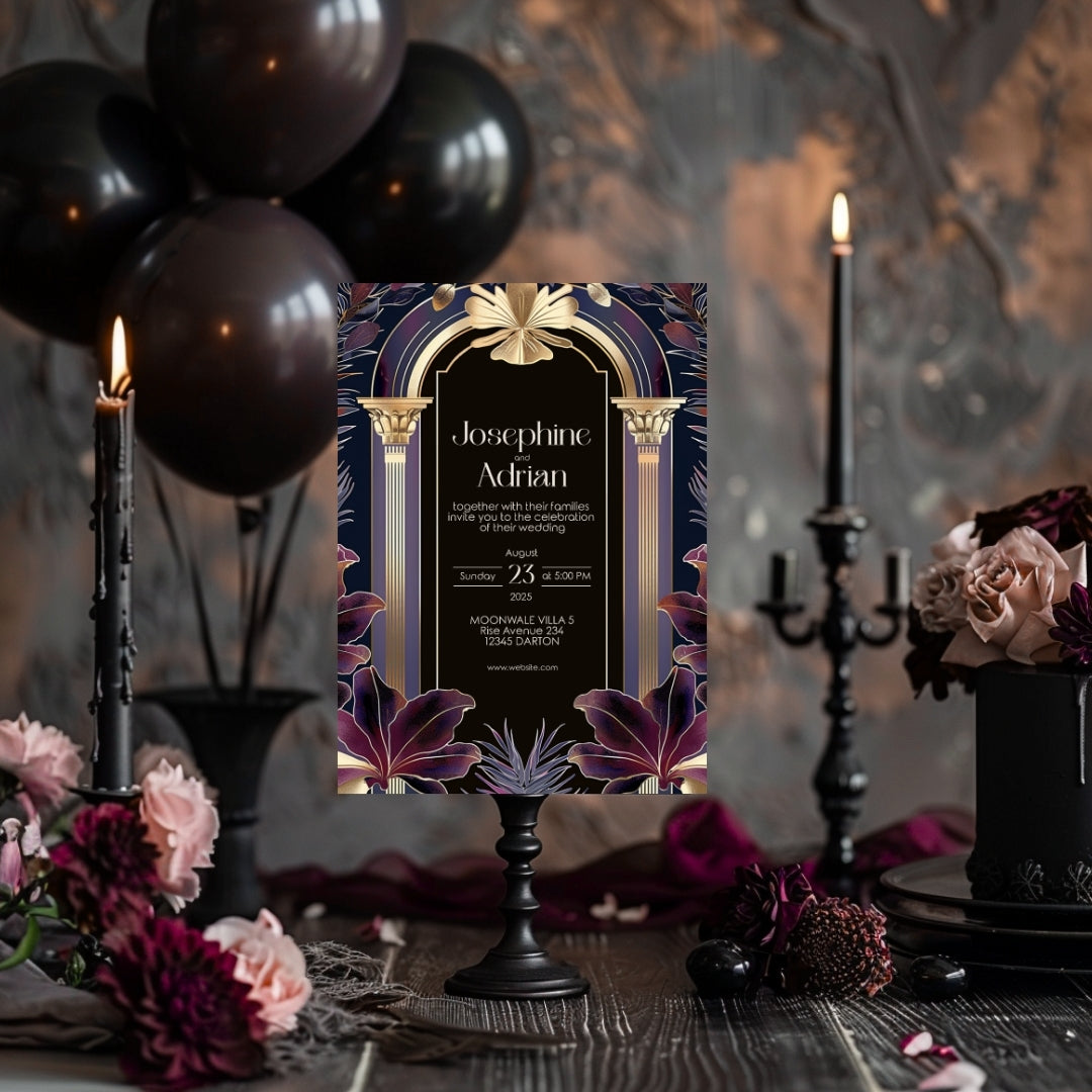 Dark Purple Gold Art Deco Wedding Invitation