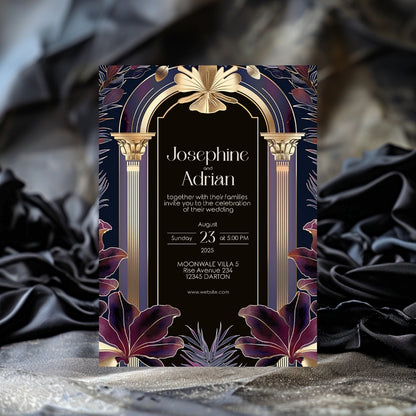 Dark Purple Gold Art Deco Wedding Invitation