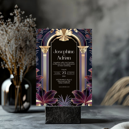 Dark Purple Gold Art Deco Wedding Invitation