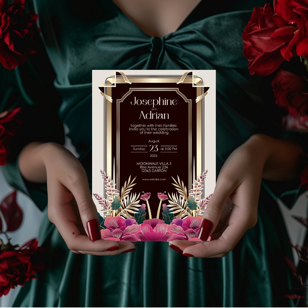 Pink Floral Bouquet Art Deco Wedding Invitation