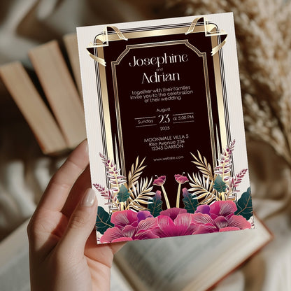 Pink Floral Bouquet Art Deco Wedding Invitation