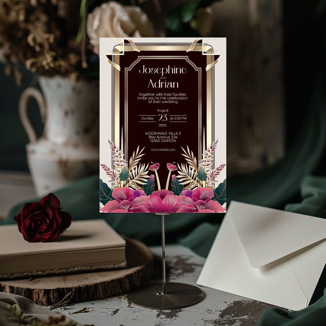 Pink Floral Bouquet Art Deco Wedding Invitation