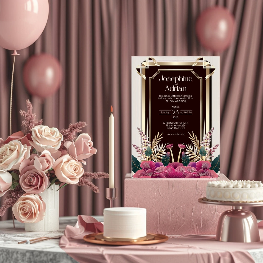 Pink Floral Bouquet Art Deco Wedding Invitation