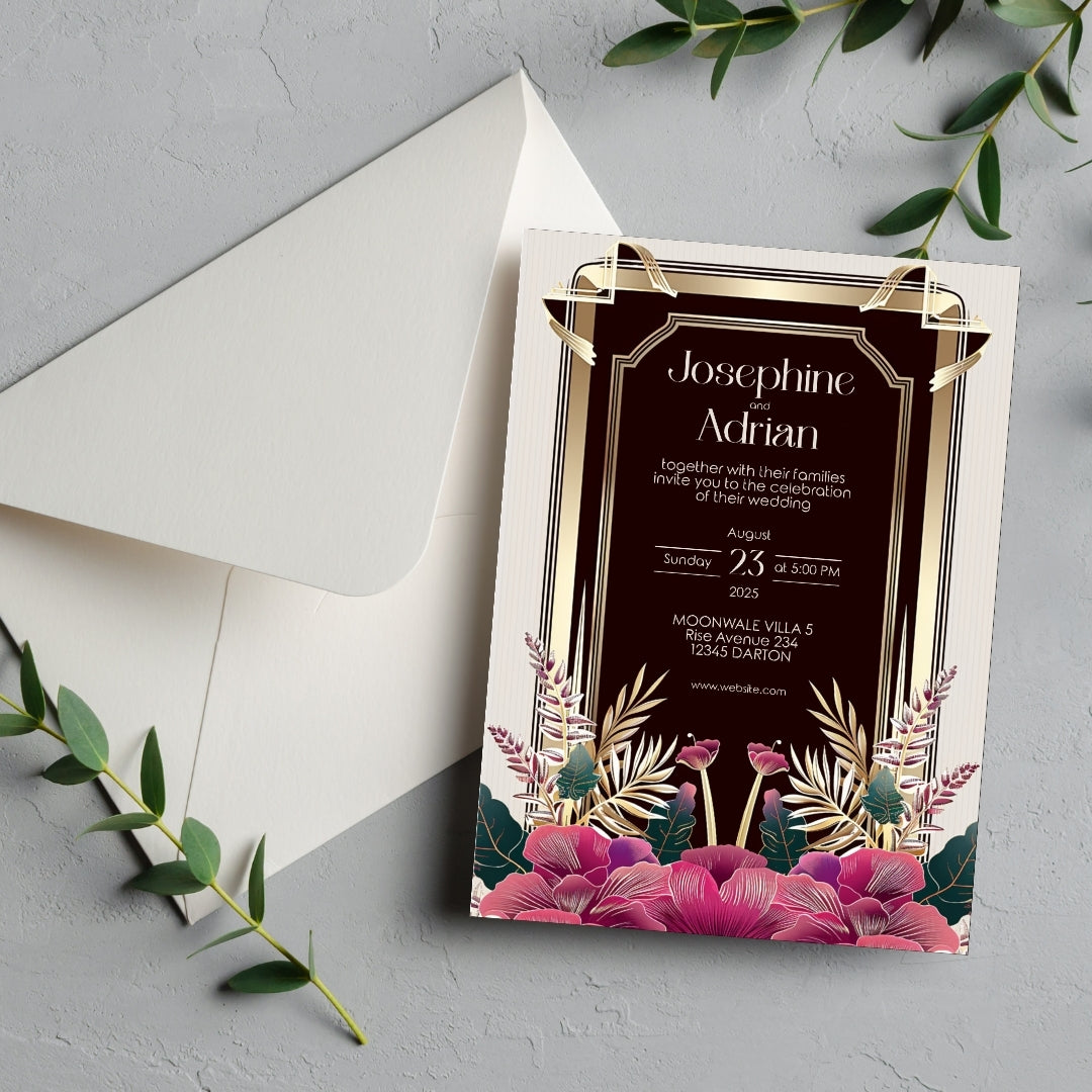 Pink Floral Bouquet Art Deco Wedding Invitation