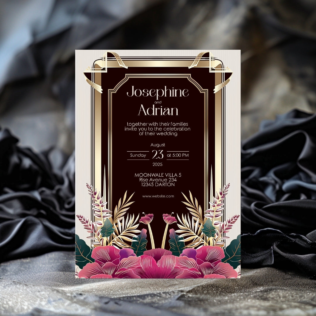 Pink Floral Bouquet Art Deco Wedding Invitation