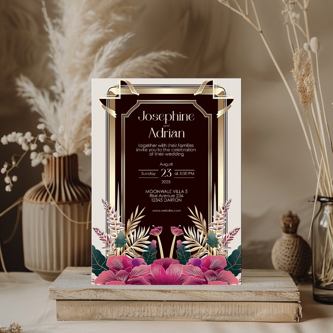 Pink Floral Bouquet Art Deco Wedding Invitation