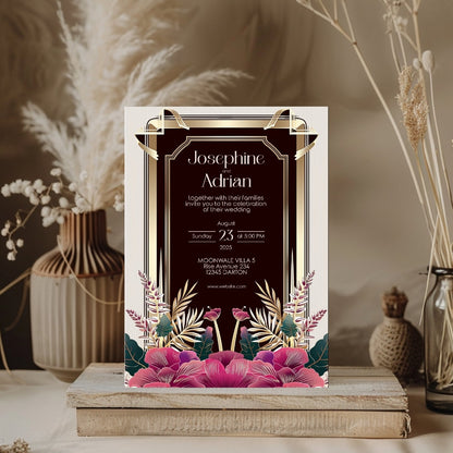 Pink Floral Bouquet Art Deco Wedding Invitation