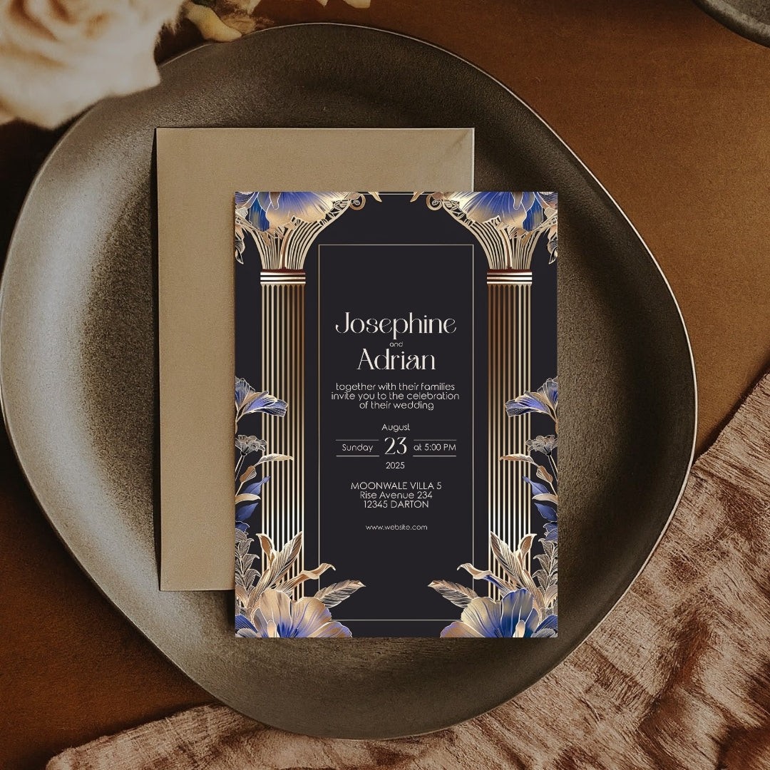 Elegant Blue Roman Pillar Art Deco Wedding Invitation