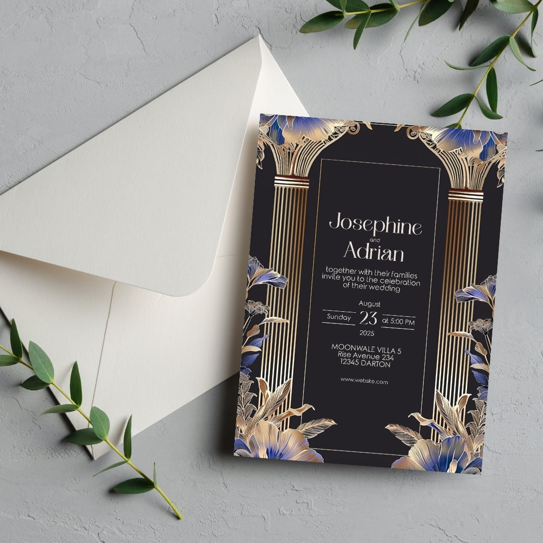 Elegant Blue Roman Pillar Art Deco Wedding Invitation