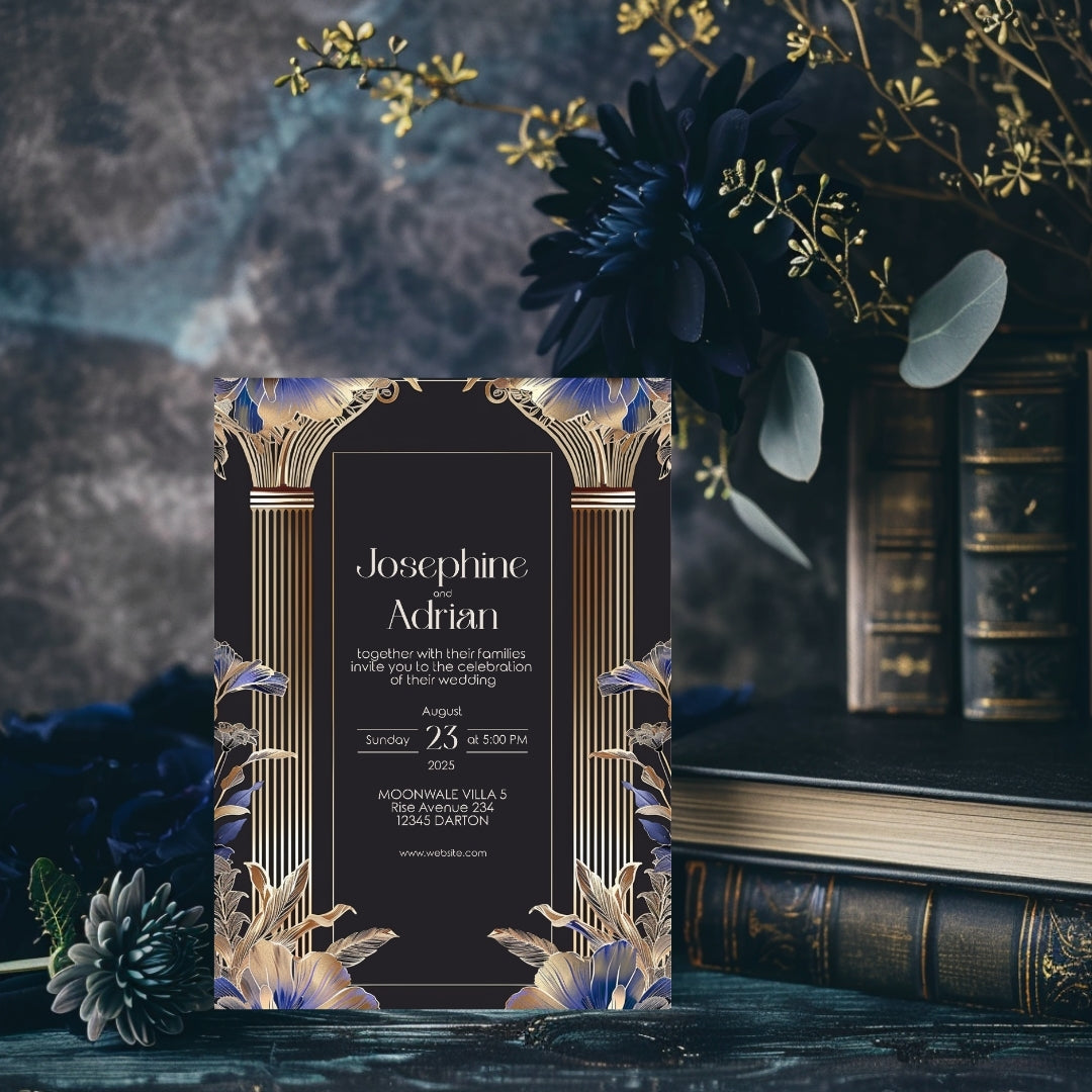 Elegant Blue Roman Pillar Art Deco Wedding Invitation