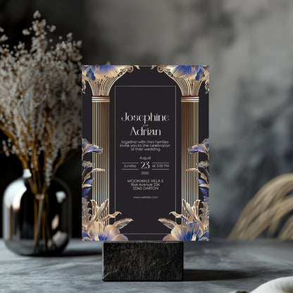 Elegant Blue Roman Pillar Art Deco Wedding Invitation