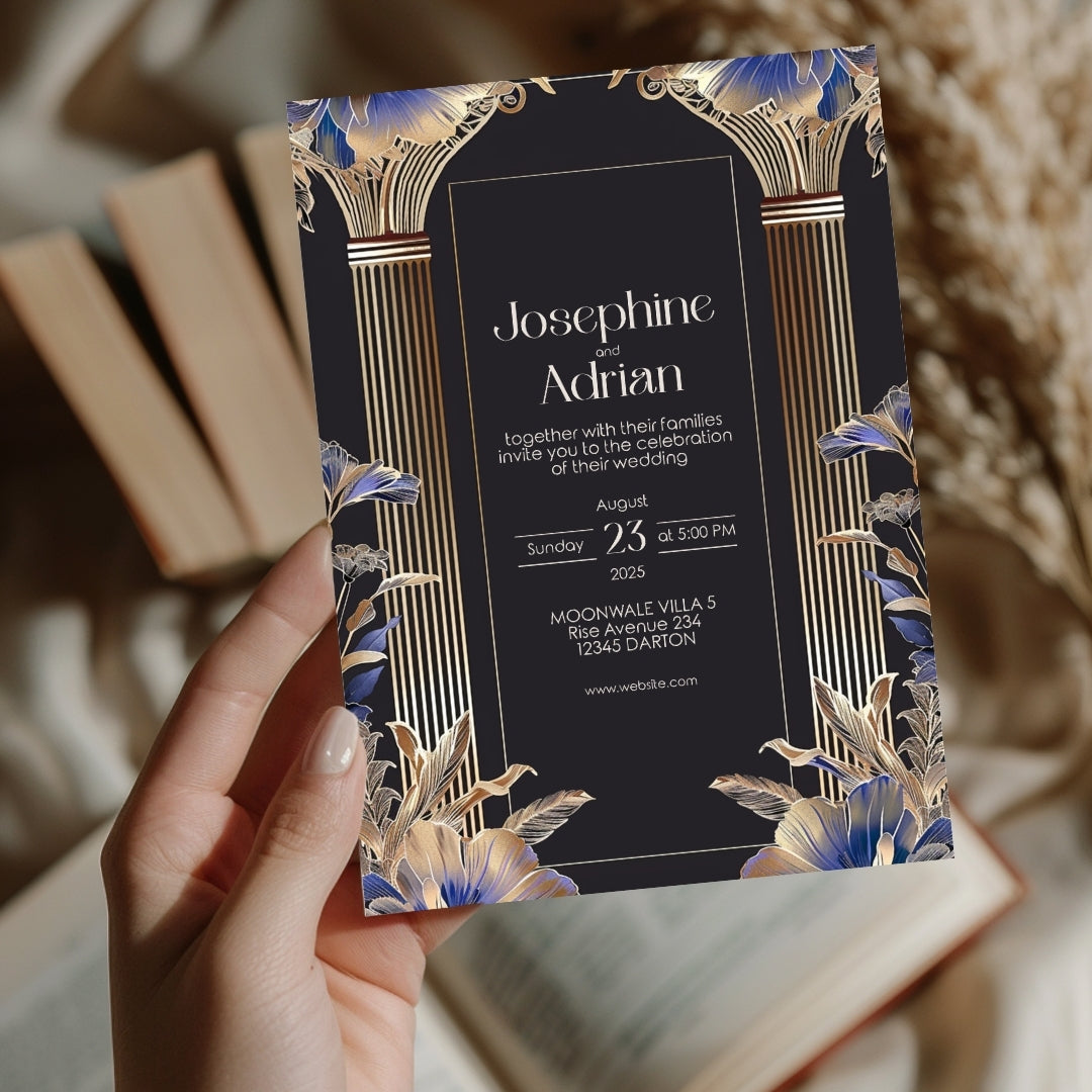 Elegant Blue Roman Pillar Art Deco Wedding Invitation