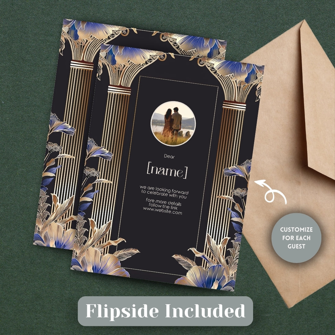 Elegant Blue Roman Pillar Art Deco Wedding Invitation