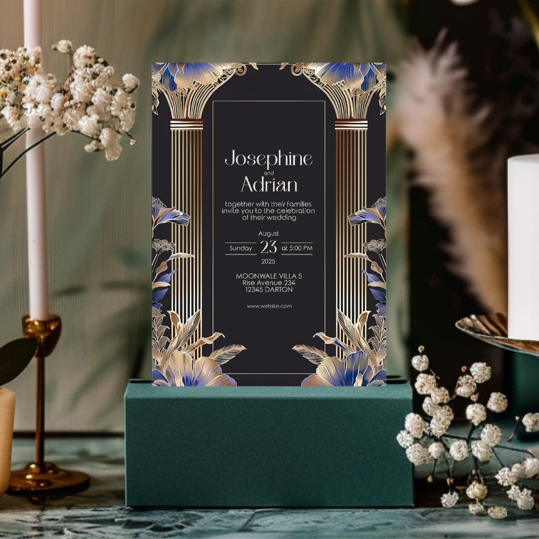 Elegant Blue Roman Pillar Art Deco Wedding Invitation