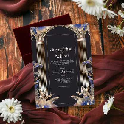 Elegant Blue Roman Pillar Art Deco Wedding Invitation