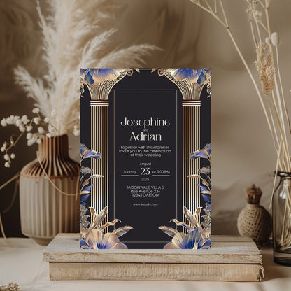 Elegant Blue Roman Pillar Art Deco Wedding Invitation