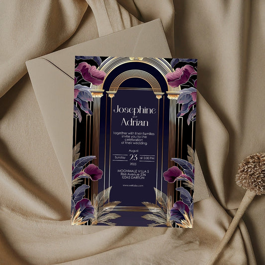 Dark Blue and Purple Art Deco Wedding Invitation