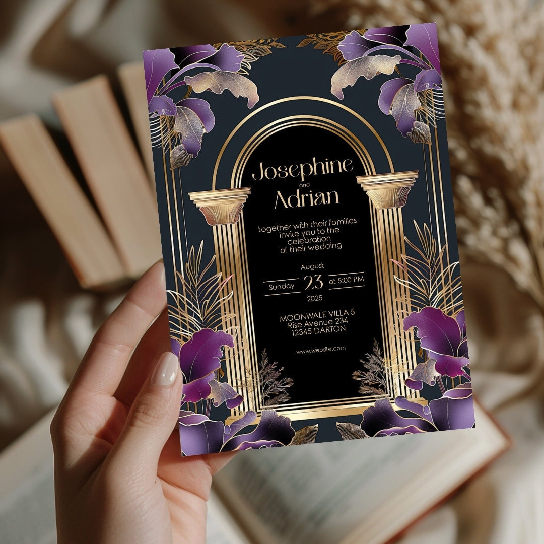 Dark Green Roman Gold Arch Art Deco Wedding Invitation