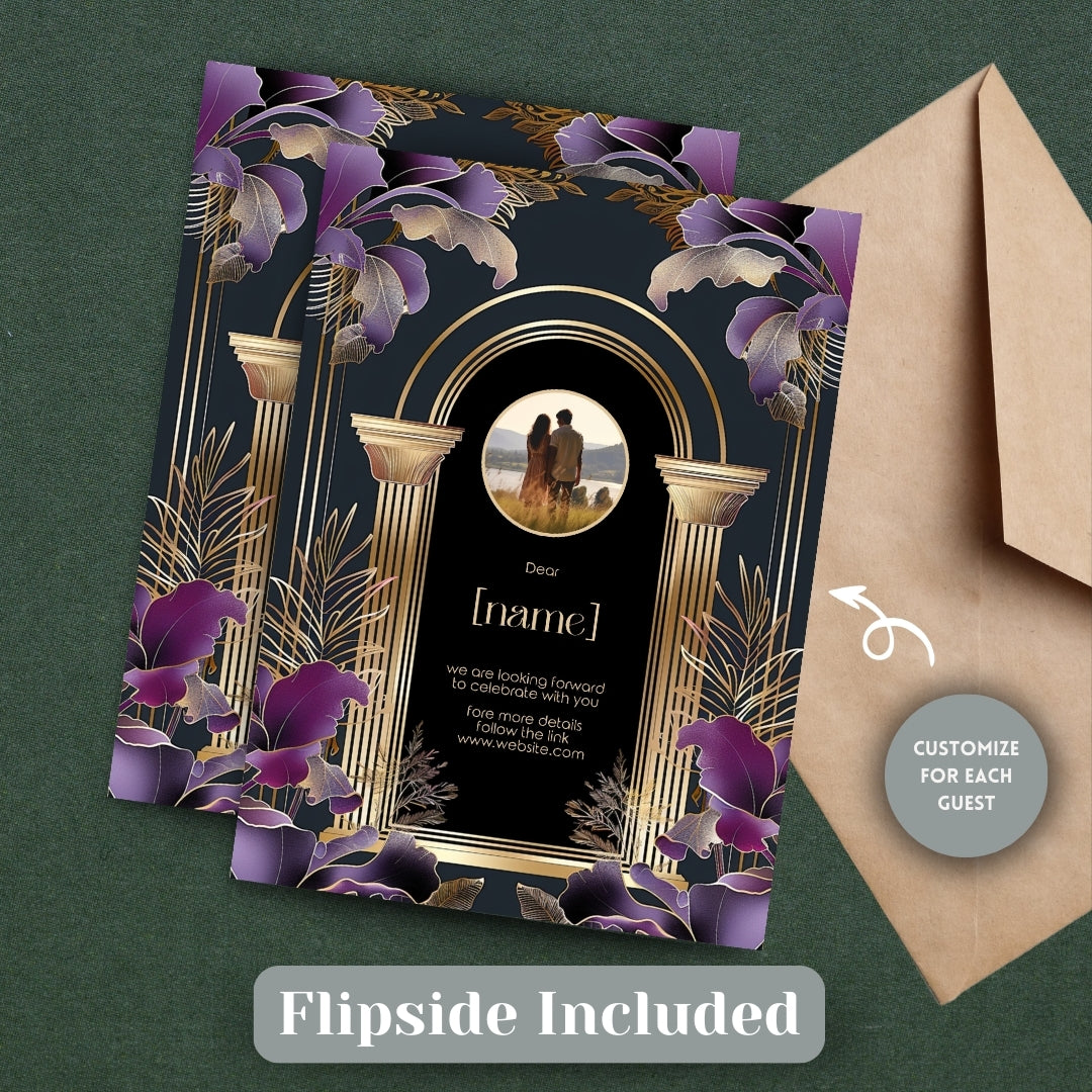 Dark Green Roman Gold Arch Art Deco Wedding Invitation