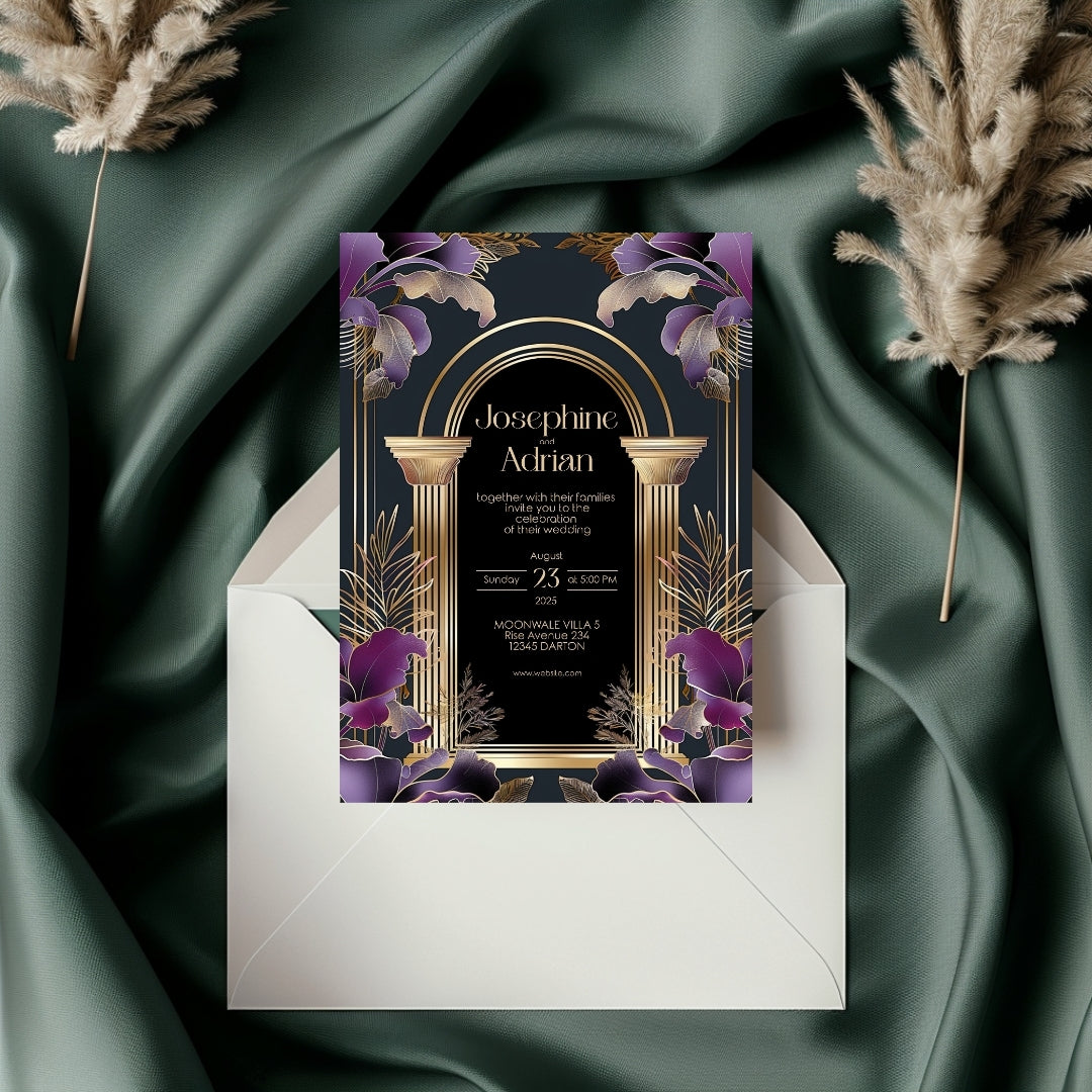 Dark Green Roman Gold Arch Art Deco Wedding Invitation