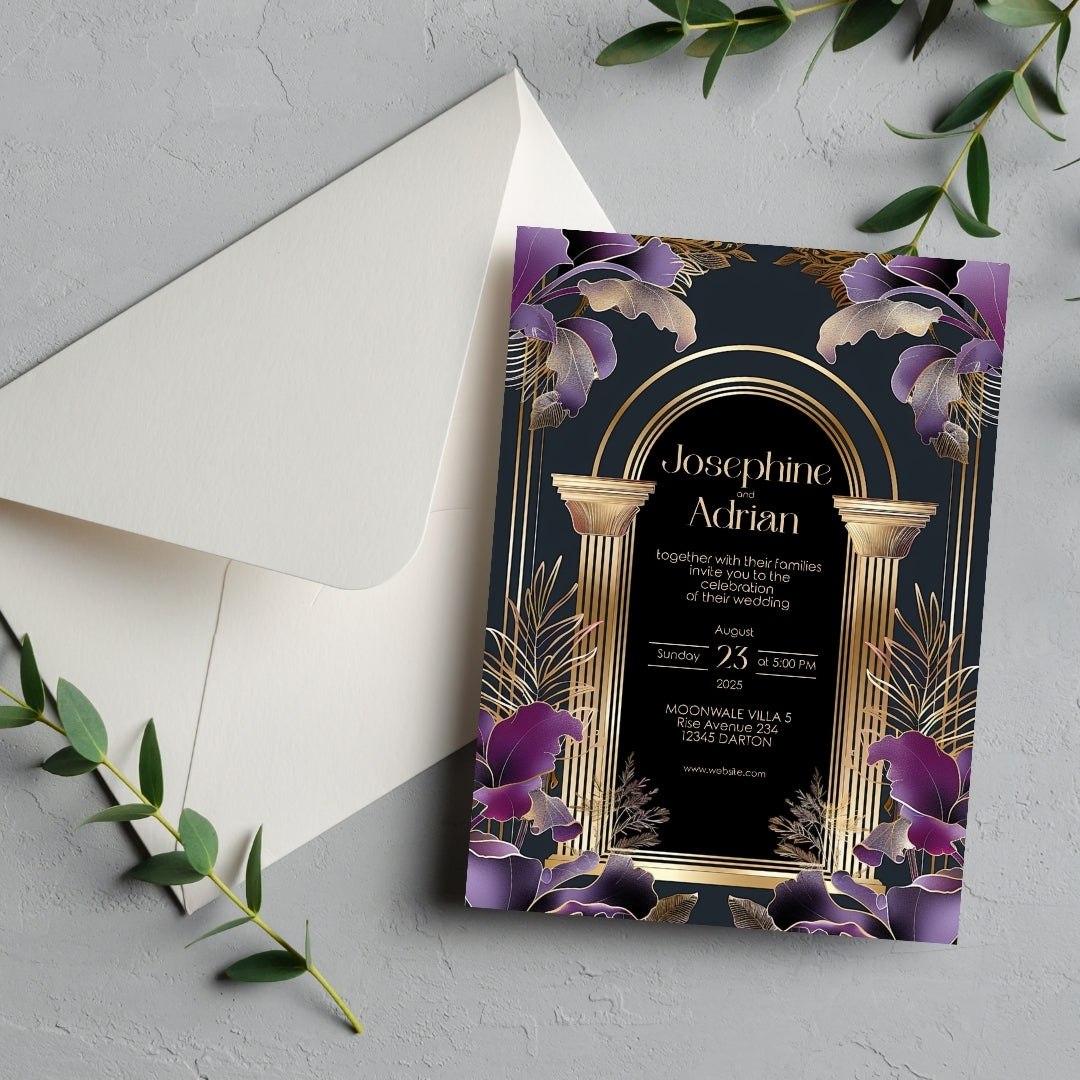 Dark Green Roman Gold Arch Art Deco Wedding Invitation