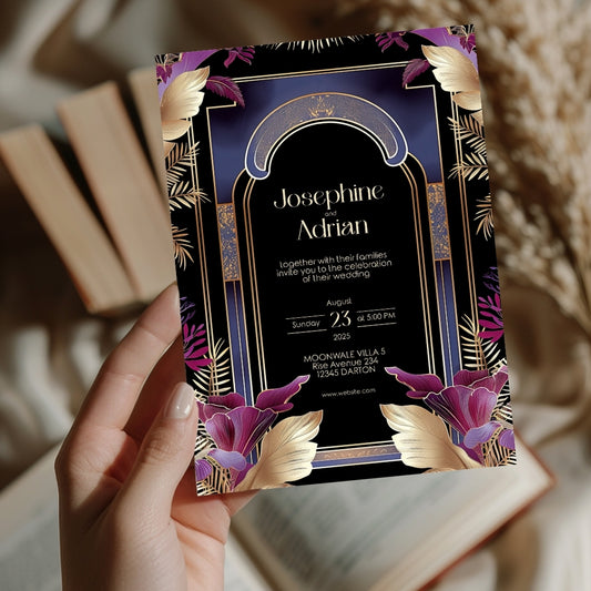 Blue Floral Oriental Arch Art Deco Wedding Invitation