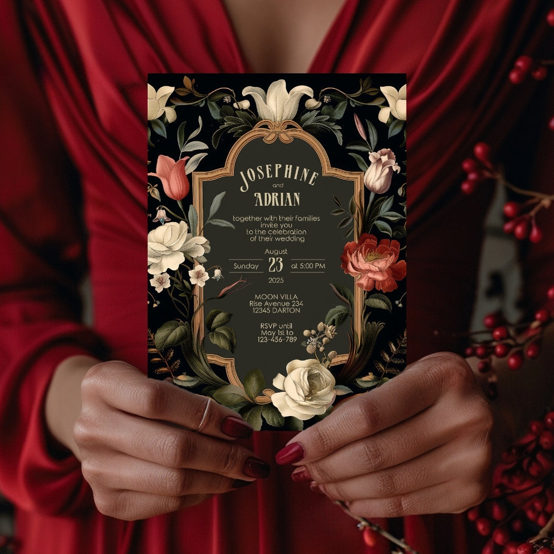 Dark Floral Baroque Wedding Invitation