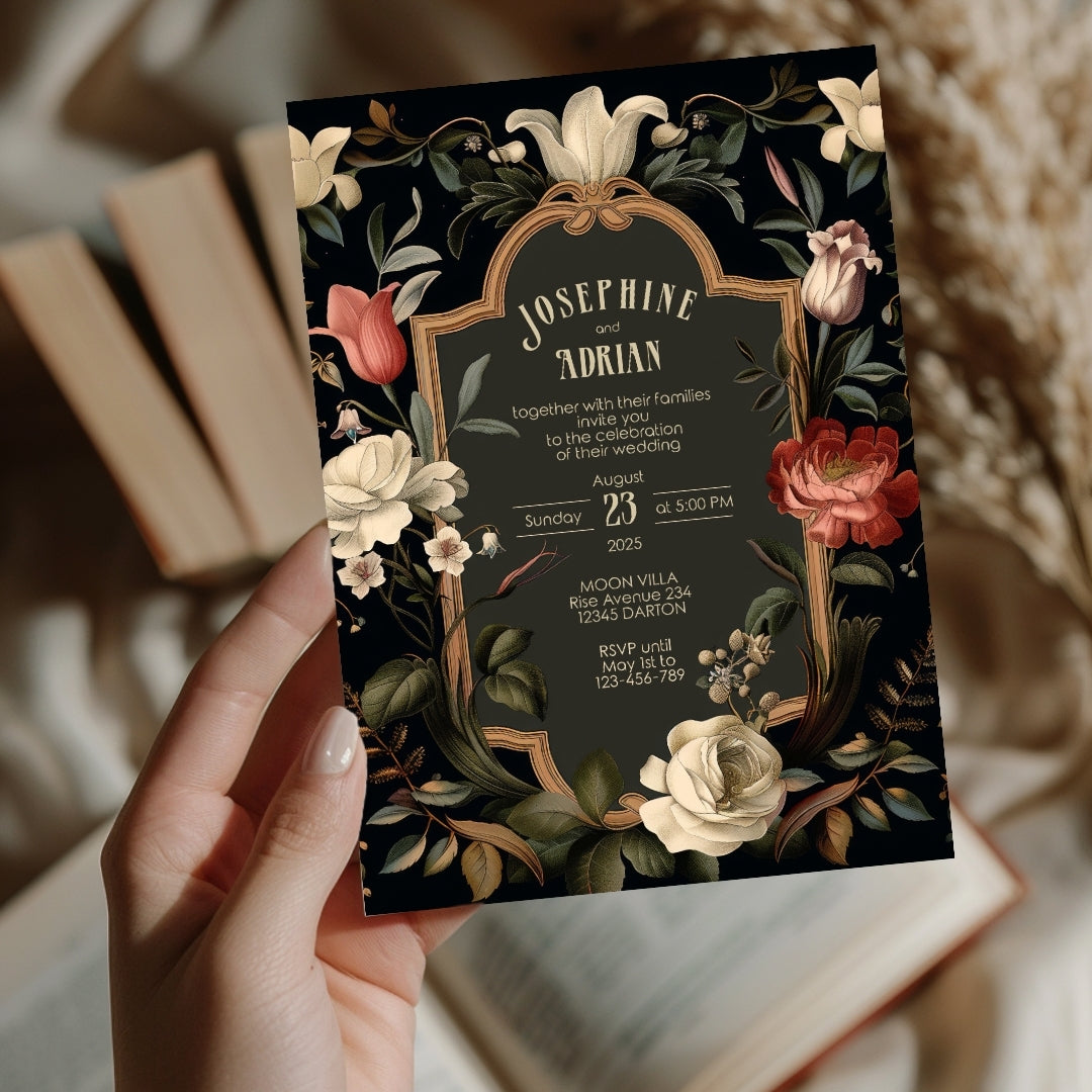 Dark Floral Baroque Wedding Invitation