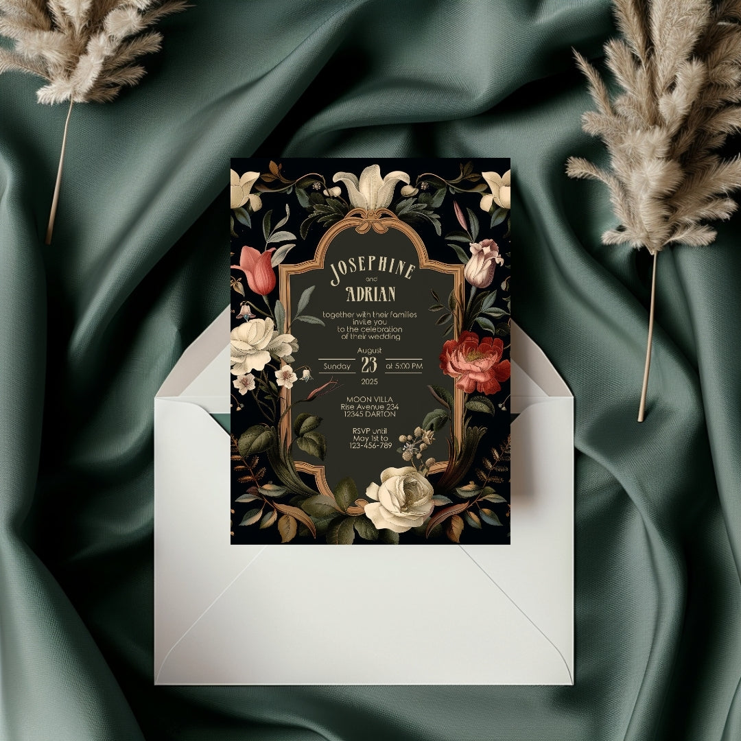 Dark Floral Baroque Wedding Invitation