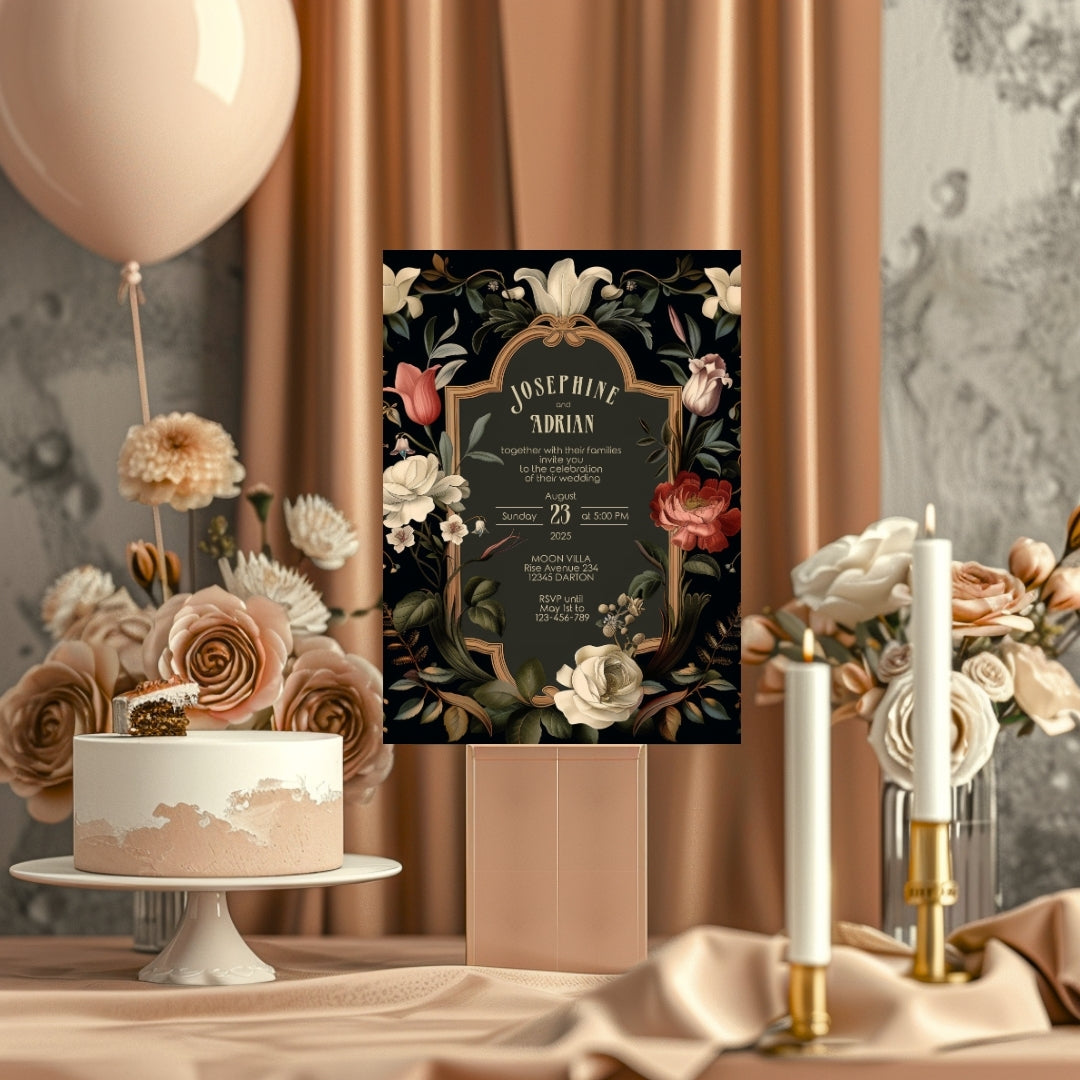 Dark Floral Baroque Wedding Invitation