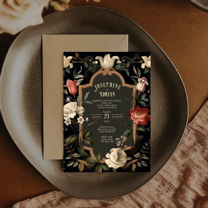 Dark Floral Baroque Wedding Invitation