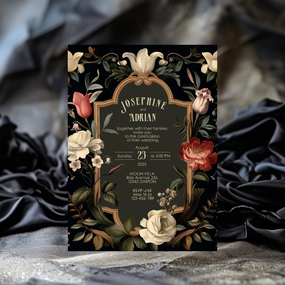 Dark Floral Baroque Wedding Invitation