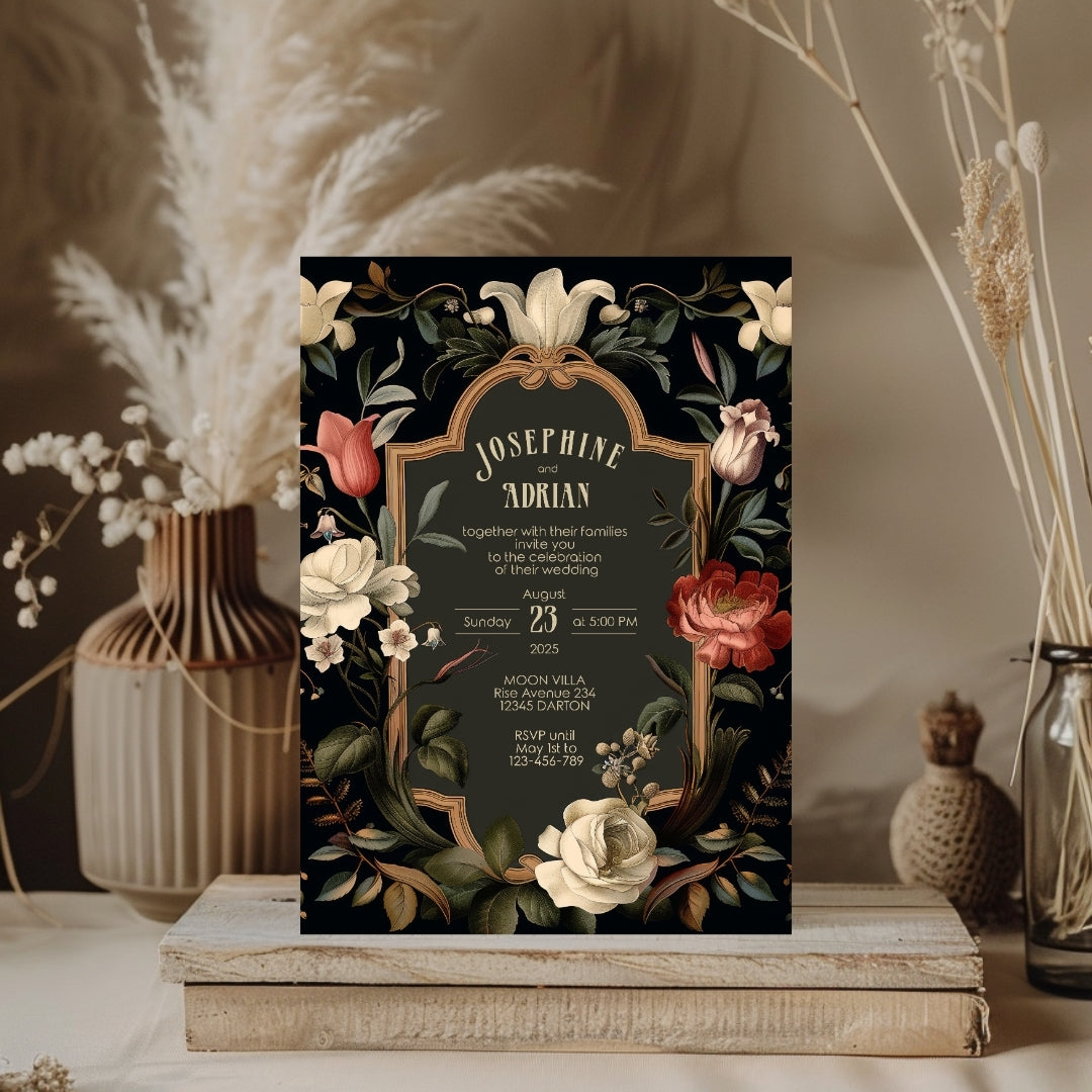 Dark Floral Baroque Wedding Invitation