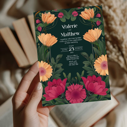 Pink and Orange Floral Vintage Garden Wedding Invitation